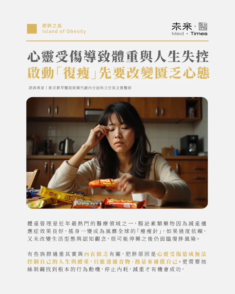 心靈受傷才會無法控制體重與人生:解決內在匱乏與自我認同,克服「糖胖症」到走向「復瘦」 2 許多過重患者在飲食行為背後,潛藏著對愛、歸屬感或安全感的匱乏,因此透過吃來補償情緒。馬文雅醫師指出,即使使用腸泌素等藥物達到短期效果,若未調整認知行為,停藥後仍易復胖。她建議將減重視為一種「復健」歷程,重建健康信念與行為模式,自我認同若從「胖子」轉變為「健康的人」,行為也會隨之改變,進而回到身體的「原廠設定」。