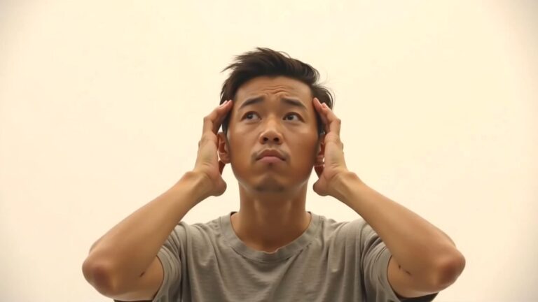 亞洲男性雙手按著頭部,呈現頭痛或記憶衰退困擾的表情,象徵失智症與認知退化的警訊。
