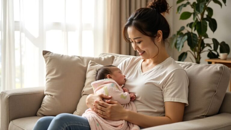 年輕母親在客廳沙發上哺乳嬰兒,展現母乳哺育的親密與健康價值