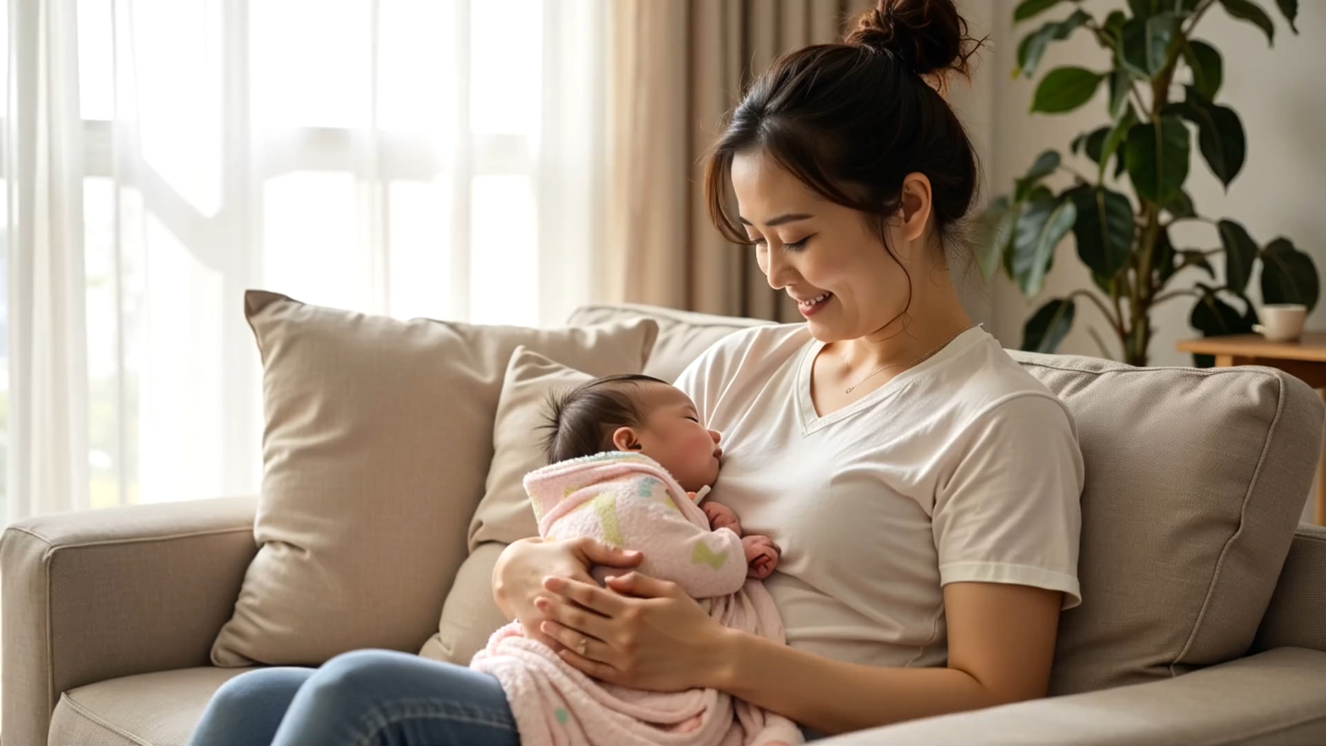 年輕母親在客廳沙發上哺乳嬰兒，展現母乳哺育的親密與健康價值