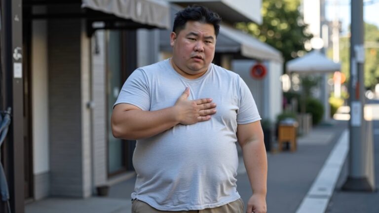 肥胖男子手捂胸口,出現疑似心臟不適症狀。