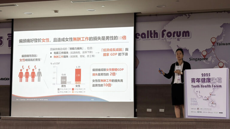 2025青年健康論壇上,歐凰姿教授介紹偏頭痛對社會經濟與生產力影響,並強調女性因偏頭痛造成的無形成本是男性的10倍。
