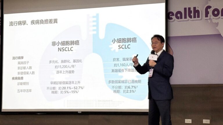 臺北醫學大學副校長李岡遠醫師於健康論壇上,解說非小細胞肺癌與小細胞肺癌的流行病學與五年存活率差異。