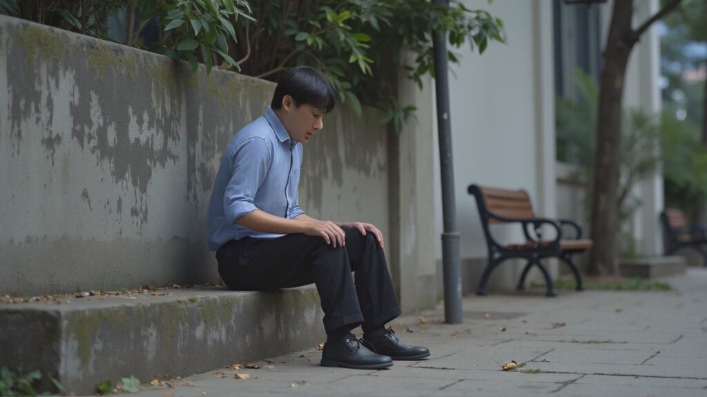 台灣心理健康危機：憂鬱男子坐在街邊沉思，象徵精神疾患與自殺防治需求