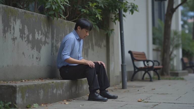 台灣心理健康危機：憂鬱男子坐在街邊沉思，象徵精神疾患與自殺防治需求