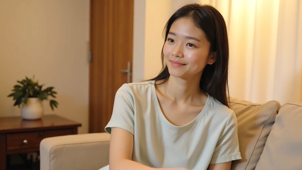 乳癌術後女性在家中放鬆微笑，完成乳房重建手術後重拾自信與生活品質。