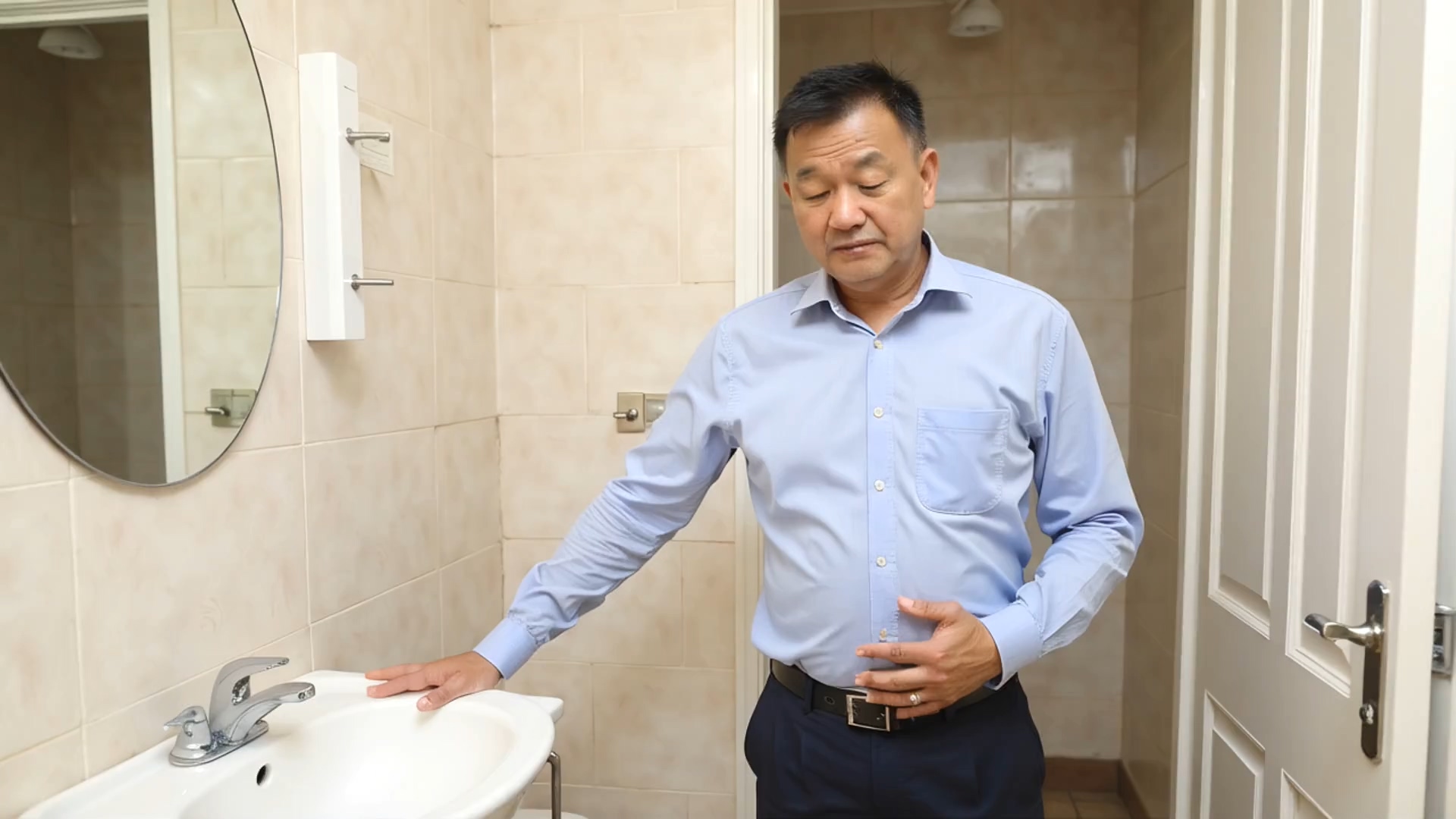 中年男性在浴室中感覺腹部不適，疑似出現消化不良或胃部疼痛症狀，提醒45歲以上男性注意胃癌早期警訊。