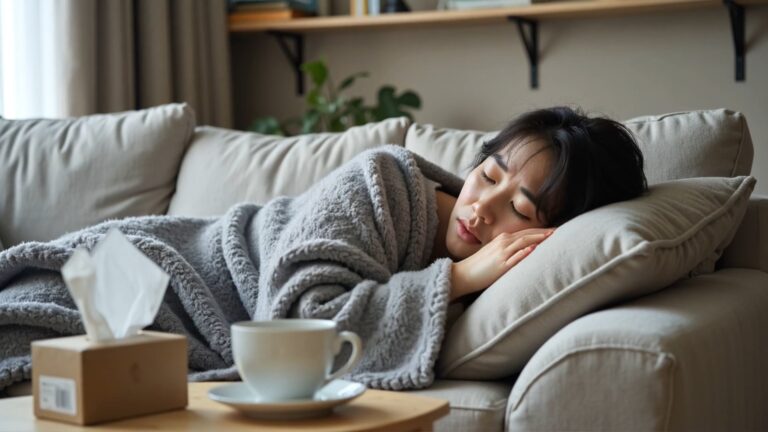 成人型史迪爾氏症患者高燒倦怠包著毛毯休息，免疫系統過度反應導致全身發炎