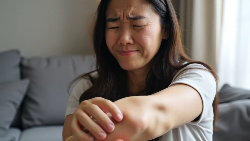 女性出現關節疼痛與皮疹不適，成人型史迪爾氏症常見症狀包括高燒與關節炎