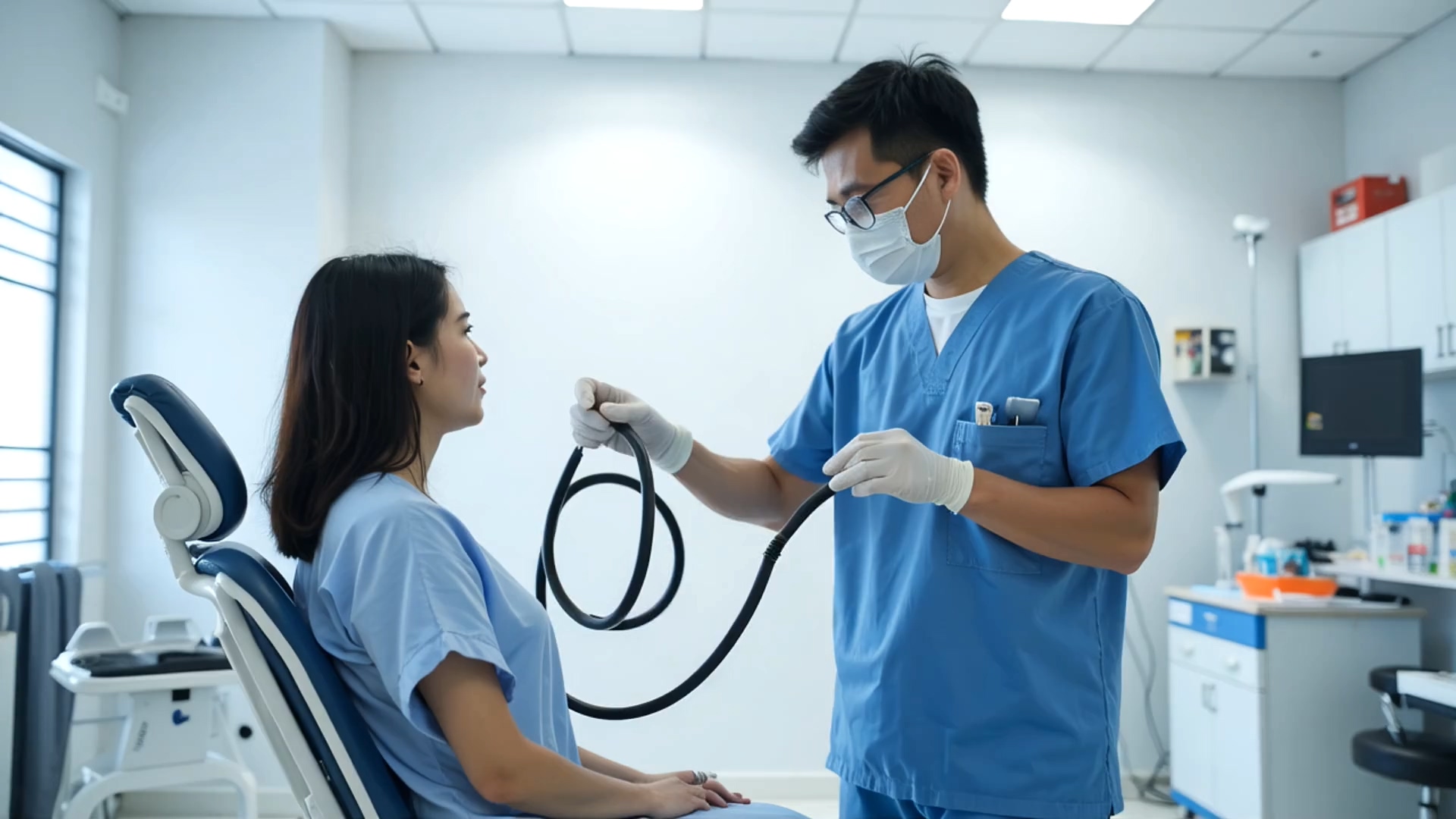 台灣男性胃癌比女性高1.6倍:45歲後新出現消化不良、消化潰瘍務必當心,少吃高油、高鹽與紅肉降風險 1 醫師向病患說明胃鏡檢查流程,展示內視鏡設備,提醒45歲以上族群及早檢查預防胃癌。