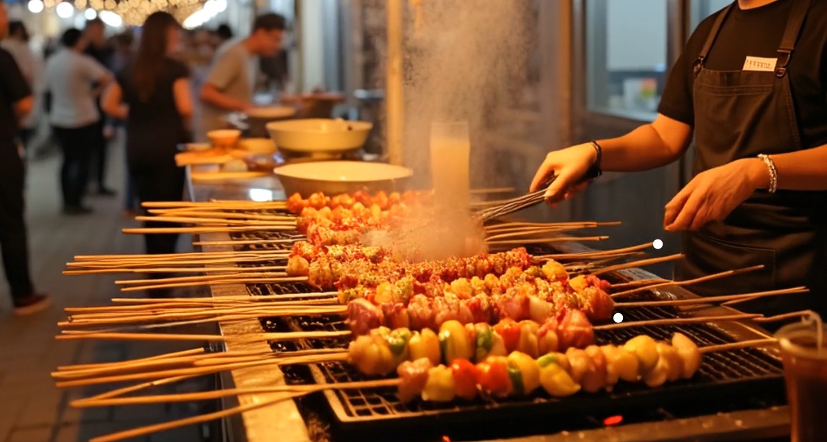 台灣男性胃癌比女性高1.6倍:45歲後新出現消化不良、消化潰瘍務必當心,少吃高油、高鹽與紅肉降風險 3 夜市攤販正在烤串燒,食材多為高油高鹽的紅肉與醃製食品,提醒民眾少吃烤物以降低胃癌風險。