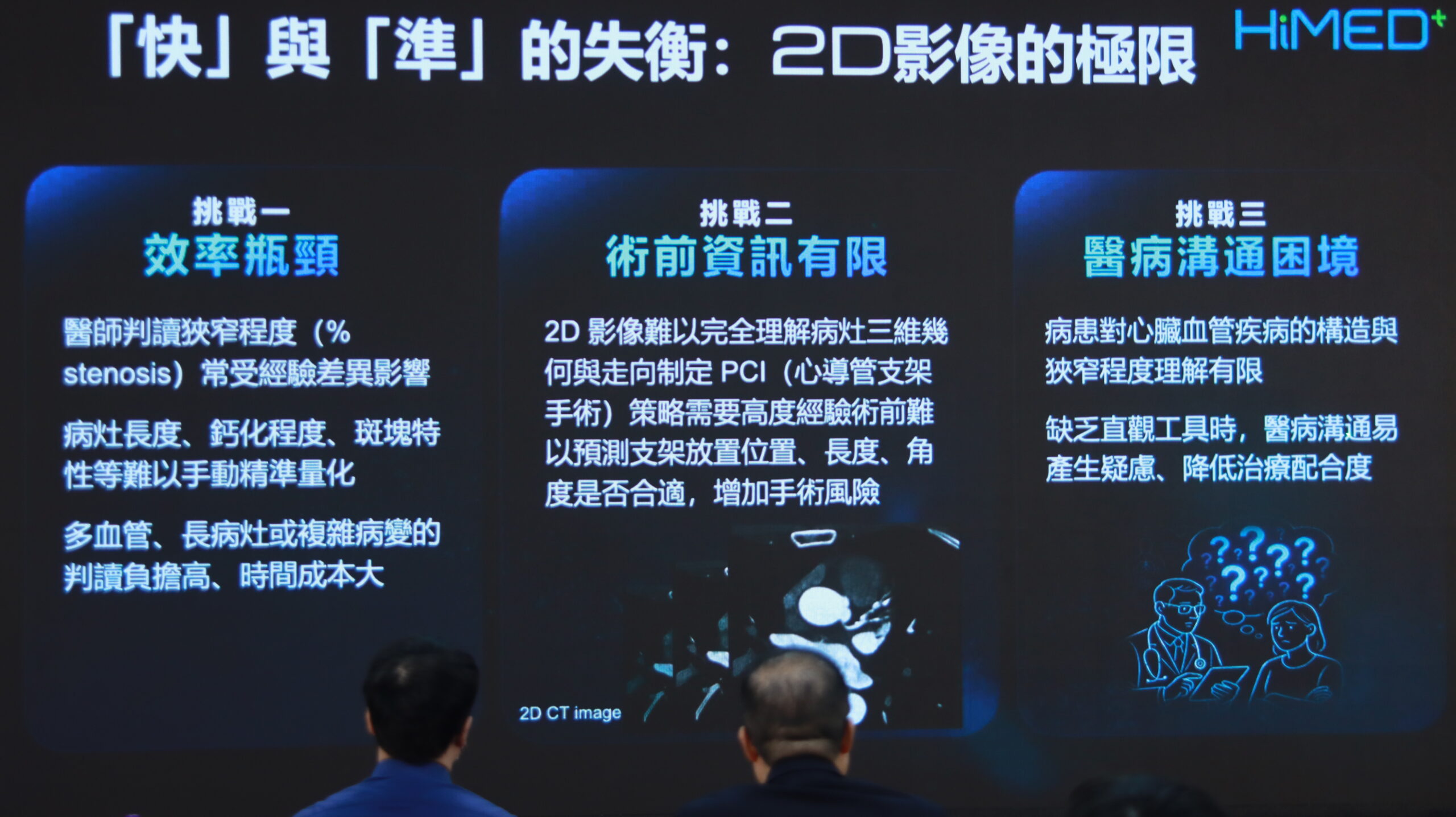 台中榮總心臟血管中心主任李文領醫師指出，數位孿生技術可於一分鐘內重建3D冠狀動脈模型，並自動標示病灶位置、斑塊型態及血管結構，協助醫師精準評估冠心病病患的治療方案。鴻海科技集團AI專家陳曼芹表示，該技術結合機器學習與深度學習，能分析狹窄程度及斑塊鈣化情形，提供支架尺寸及術式選擇參考，提升診斷效率與安全性。