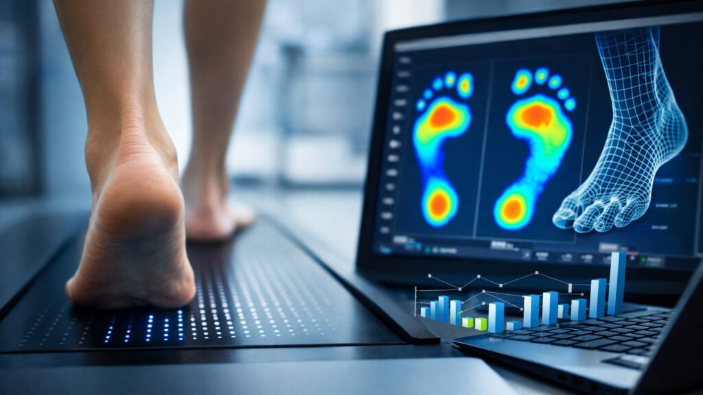 一名受測者赤腳站立於足壓分析平台上，螢幕同步顯示雙腳足底壓力分布的熱區影像，用於評估足弓結構與行走受力狀況。