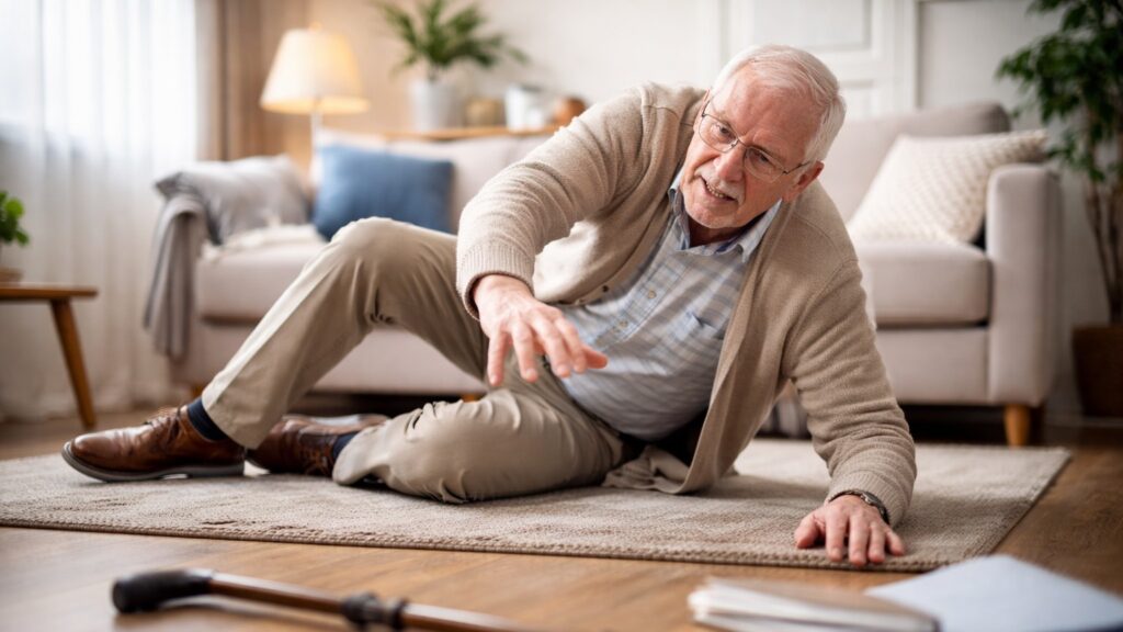 一名長者在家中地板跌倒後坐倒在地，手邊可見助行杖，呈現居家環境中長者跌倒風險的情境畫面。