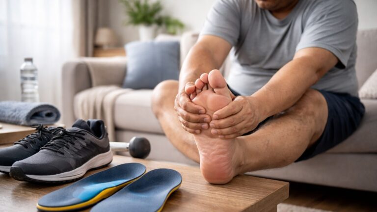 一名體型較為壯碩的成人坐在家中沙發上按壓足底，桌上放有運動鞋與鞋墊，呈現因足部負擔過重而產生不適的情境。