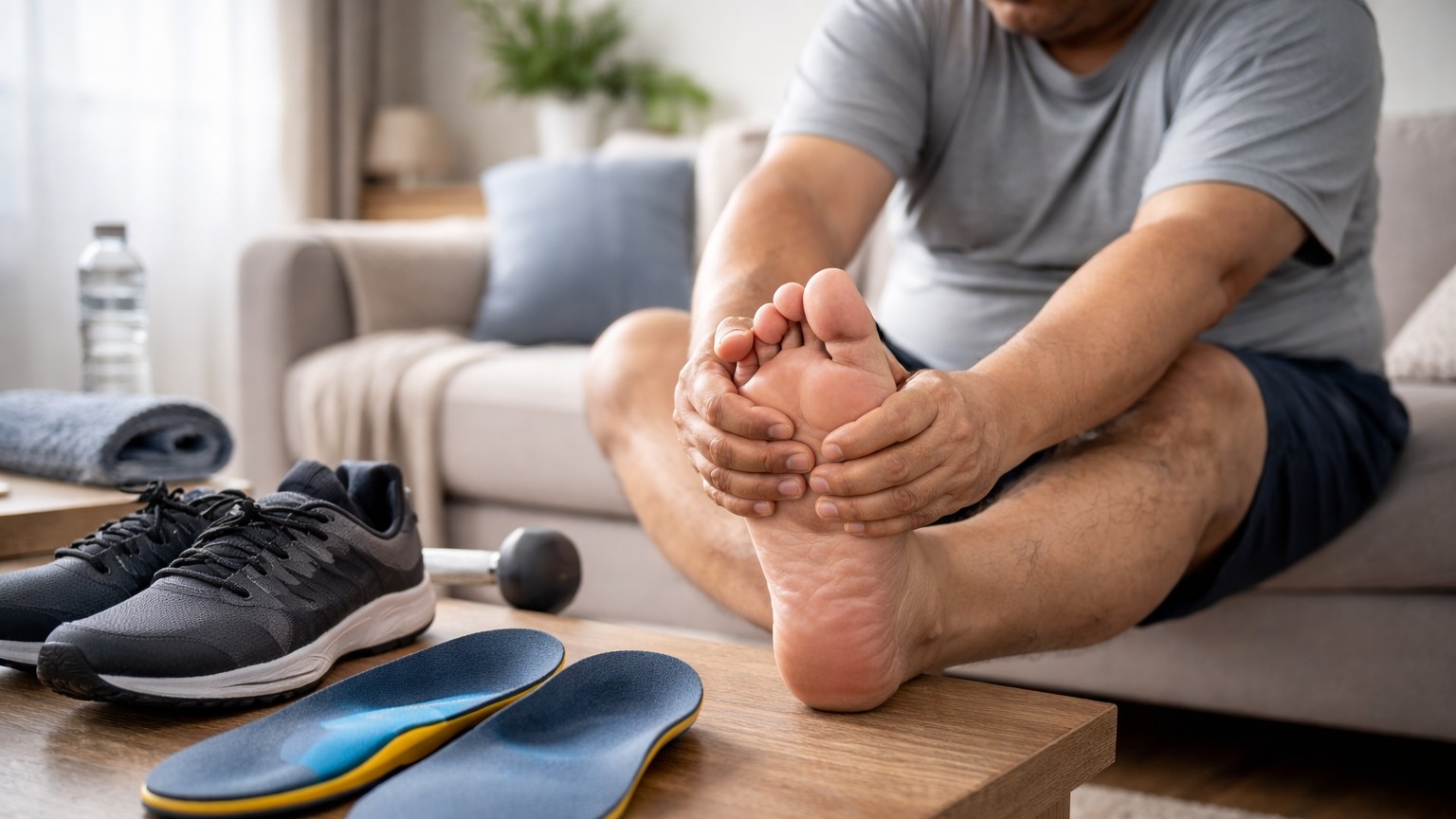 一名體型較為壯碩的成人坐在家中沙發上按壓足底，桌上放有運動鞋與鞋墊，呈現因足部負擔過重而產生不適的情境。