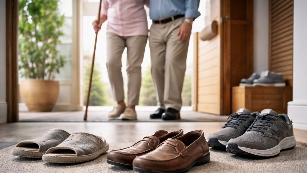 居家門口地面擺放多雙不同款式的鞋子，背景可見使用拐杖的長者準備外出，呈現長者選鞋與行走安全相關的情境。
