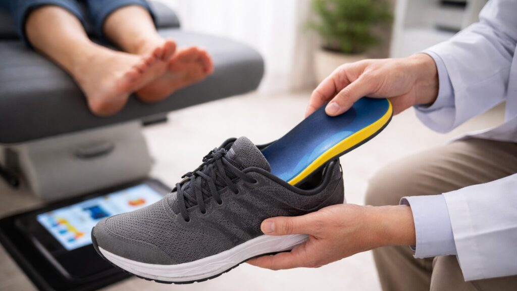 醫療人員在診間內將客製化鞋墊放入運動鞋中，背景可見受測者的足部與足壓量測設備，呈現足弓評估與扁平足介入的情境。