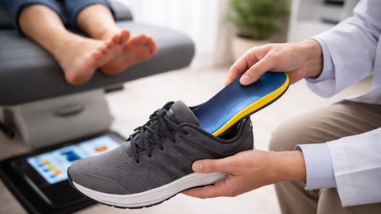 醫療人員在診間內將客製化鞋墊放入運動鞋中，背景可見受測者的足部與足壓量測設備，呈現足弓評估與扁平足介入的情境。