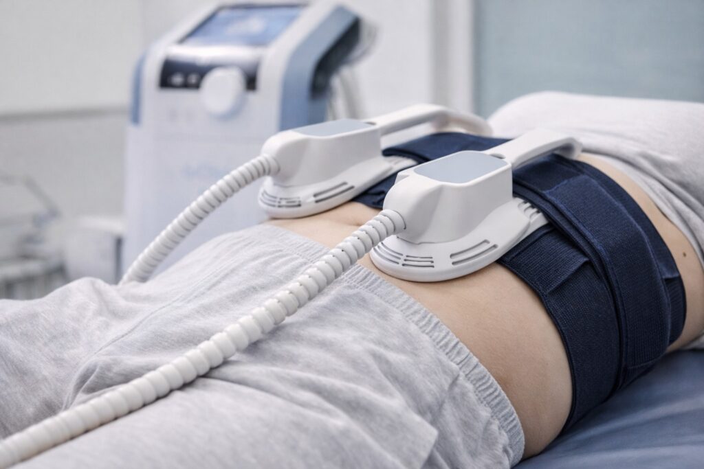 電磁增肌設備固定於腹部核心肌群，透過非侵入式方式啟動深層肌肉收縮