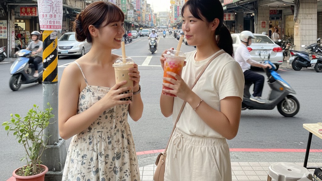 台灣年輕族群日常飲用手搖飲的街頭情境，台灣手搖飲以客製甜度為特色，也增加含糖量標準化難度。