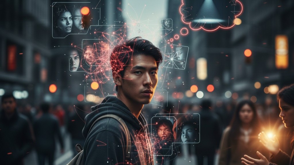 人潮中的男子回頭張望，背景浮現抽象化心理與情緒意象，象徵公共場所中對異常情境的警覺與風險感知