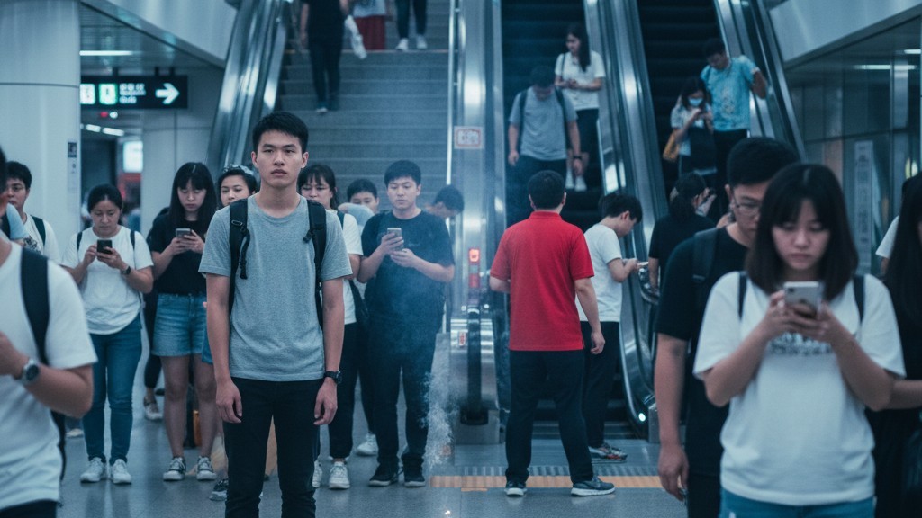 捷運站內人潮密集，多數民眾低頭滑手機，僅少數人抬頭觀察周遭環境，呈現群眾反應平靜的狀態