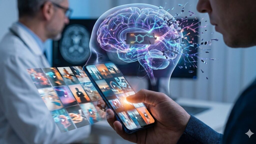 一名男子滑動手機短影音畫面，前方浮現大腦神經與多巴胺結構示意圖，象徵短影音與演算法對大腦專注力與獎勵系統的影響