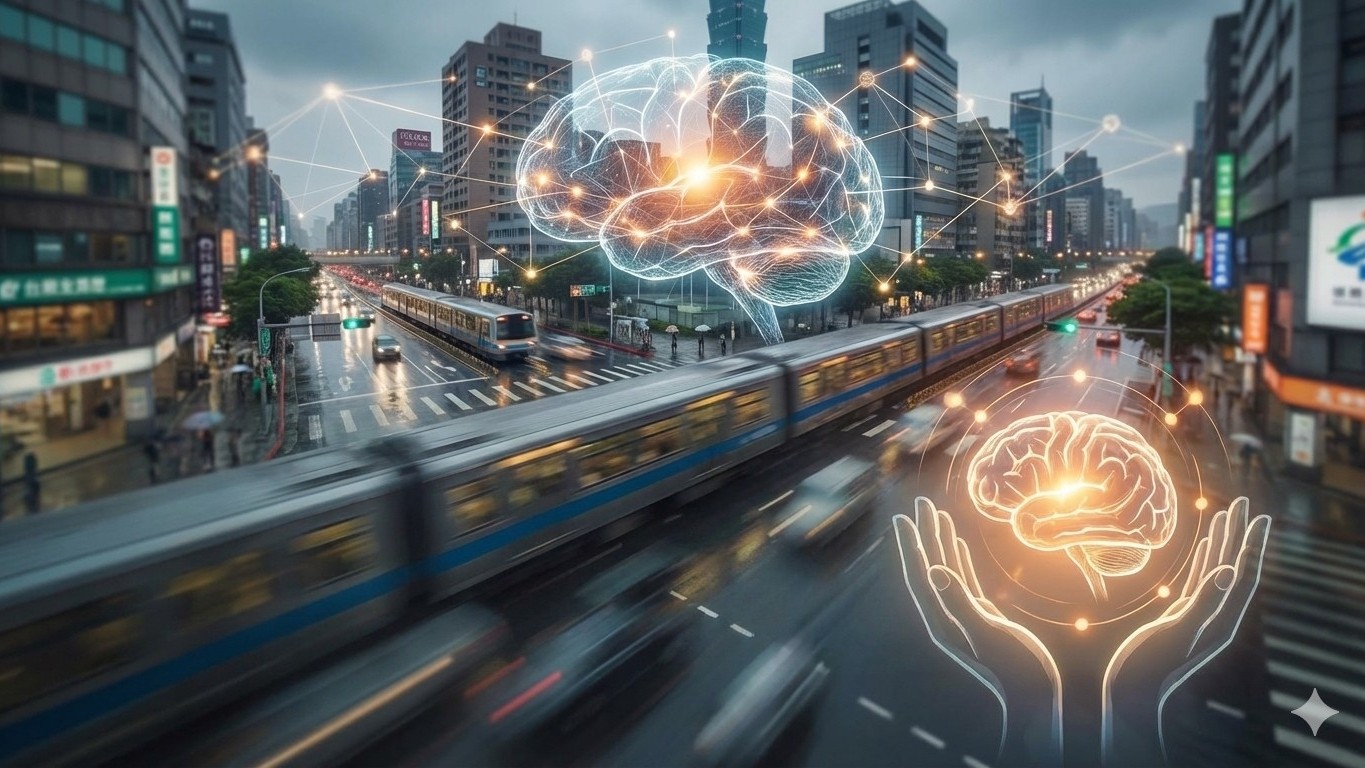 城市交通與人流之上浮現大腦與連結網絡意象，象徵公共安全風險、群眾心理與心理韌性的交織