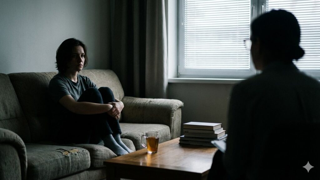 一名女子坐在沙發上與心理專業人員對談，神情封閉而沉靜，呈現事件後心理創傷與求助情境