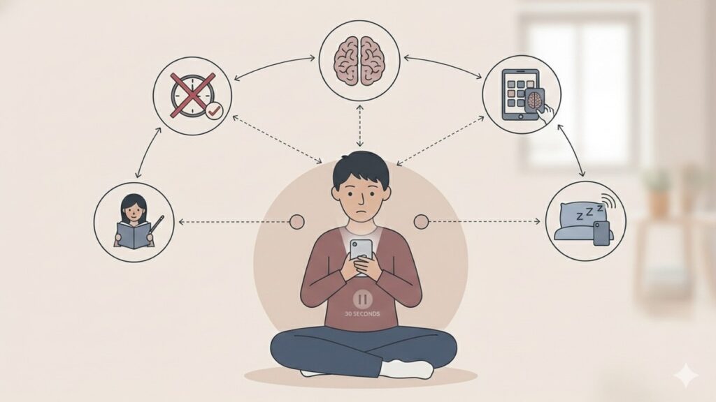 一名年輕人盤腿坐著看手機，周圍以圖示呈現時間管理、閱讀、睡眠與手機使用的關係，象徵透過暫停與覺察重新訓練大腦專注力