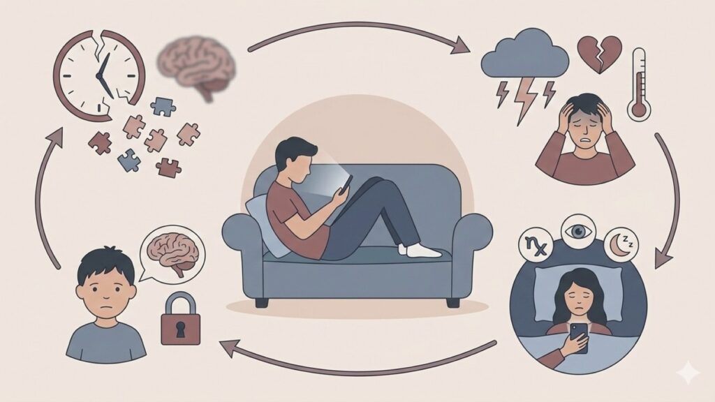 一名年輕人躺在沙發上滑手機，周圍以圖像呈現專注力下降、情緒困擾與睡眠障礙，顯示短影音成癮造成多重身心影響的惡性循環