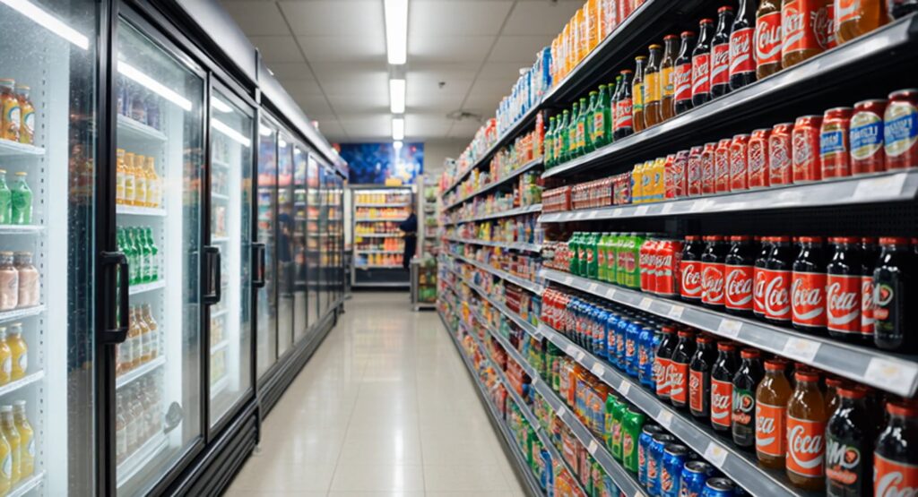 WHO主張透過更高健康稅，引導市場全面降低糖含量。超市飲料貨架顯示多樣化含糖與低糖選擇。