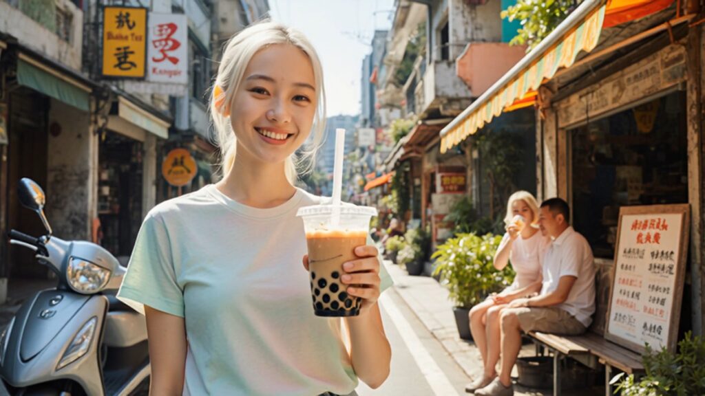 台灣街頭手搖飲文化，年輕女性手持含糖珍珠奶茶
