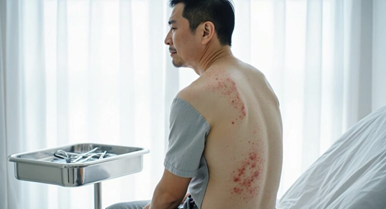 一名年長男性露出充滿痛苦表情的神情，其右側臉部與左胸前皮膚出現成串的紅色水泡與紅疹（帶狀疱疹病徵），一名穿著白袍、戴藍色手套的醫師正在檢查其手臂。