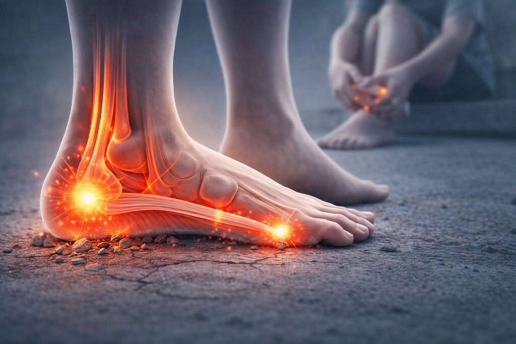 足弓異常示意圖，顯示扁平足與高足弓在行走時造成足底壓力不均與疼痛風險