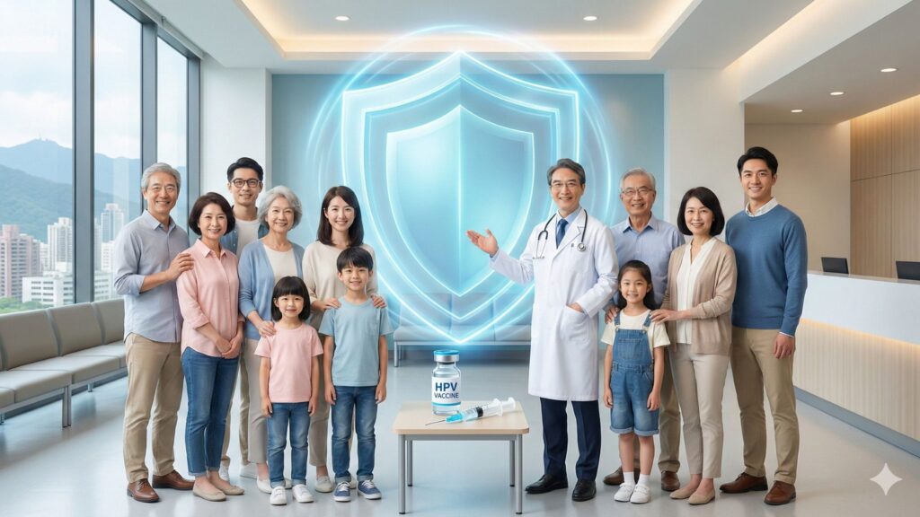 醫師與家庭合影,象徵HPV疫苗兩性共防與世代防癌。