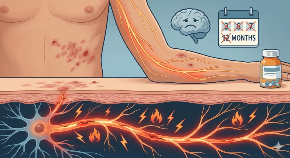 帶狀疱疹（皮蛇）症狀醫學示意圖，顯示患者背部紅疹、皮下受損神經發出的灼熱與電擊感疼痛訊號，以及可能持續超過12個月的慢性神經痛風險。