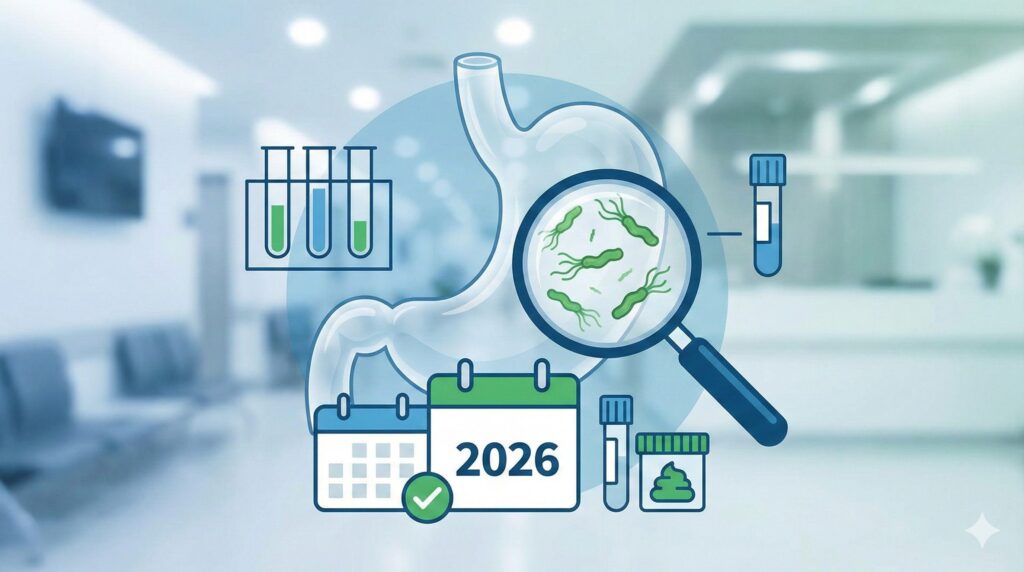 2026年胃癌公費篩檢示意圖，顯示幽門螺旋桿菌檢測與檢體檢查流程