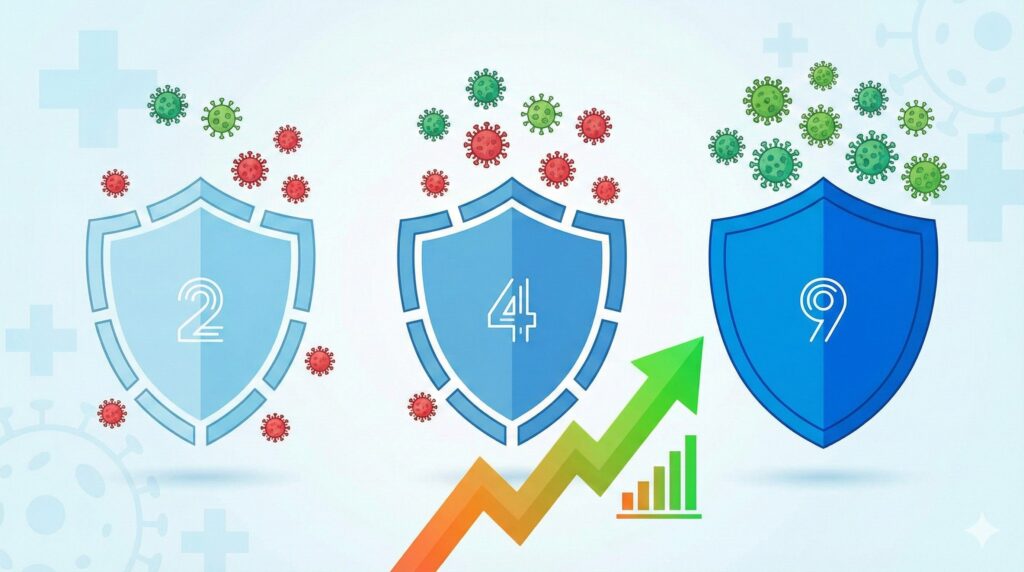 HPV疫苗防癌保護力被低估?醫學會最新指引:補打9價可再提升40%,男性成防治關鍵缺口 1 圖示呈現 HPV 疫苗從2價、4價到9價,防護力逐步上升。