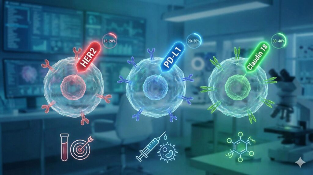胃癌免疫組織染色檢測示意，呈現HER2、PD-L1與Claudin 18的表現比例