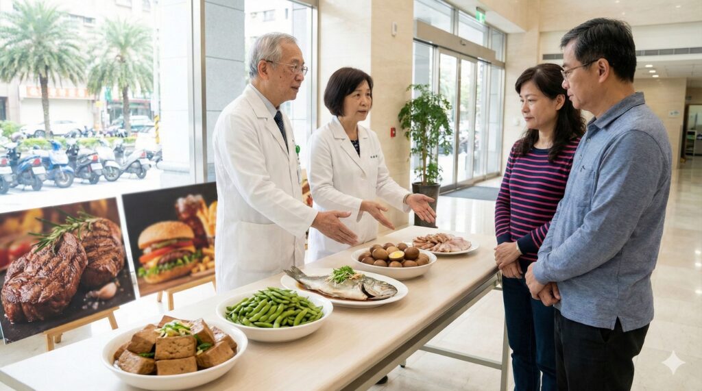 新版飲食指南易誤讀為「紅肉優先」,兩大學會發聲疾呼:豆魚蛋肉攝取順序不變 1 醫師向民眾說明豆類、魚類與全穀類在健康飲食中的重要性,強調植物性蛋白與主食結構不可被忽略。