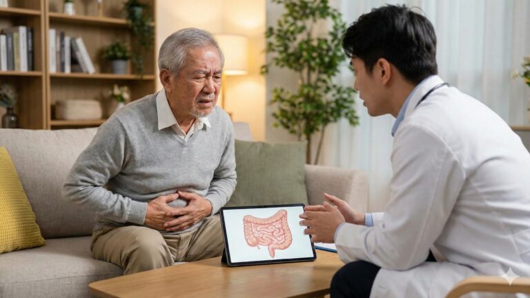 醫師向年長者說明腸道結構與腸胃健康問題。