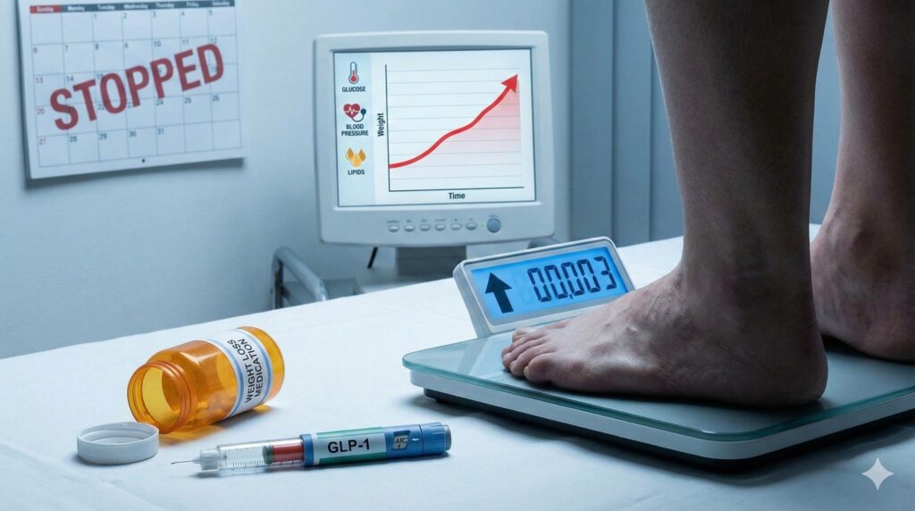 減重藥不是終點:BMJ大型研究警告,停藥後平均1.7年體重「全數回彈」 1 停用GLP-1減重藥後,體重計顯示體重上升,桌面放置注射筆與減重藥瓶