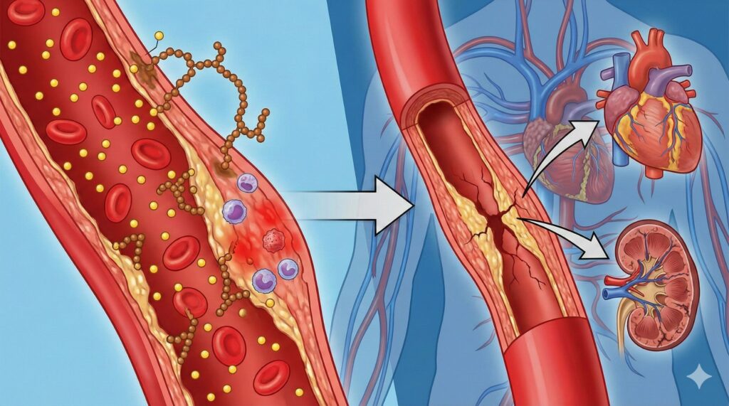 高血糖引發血管硬化示意，增加心臟病與腎臟病風險