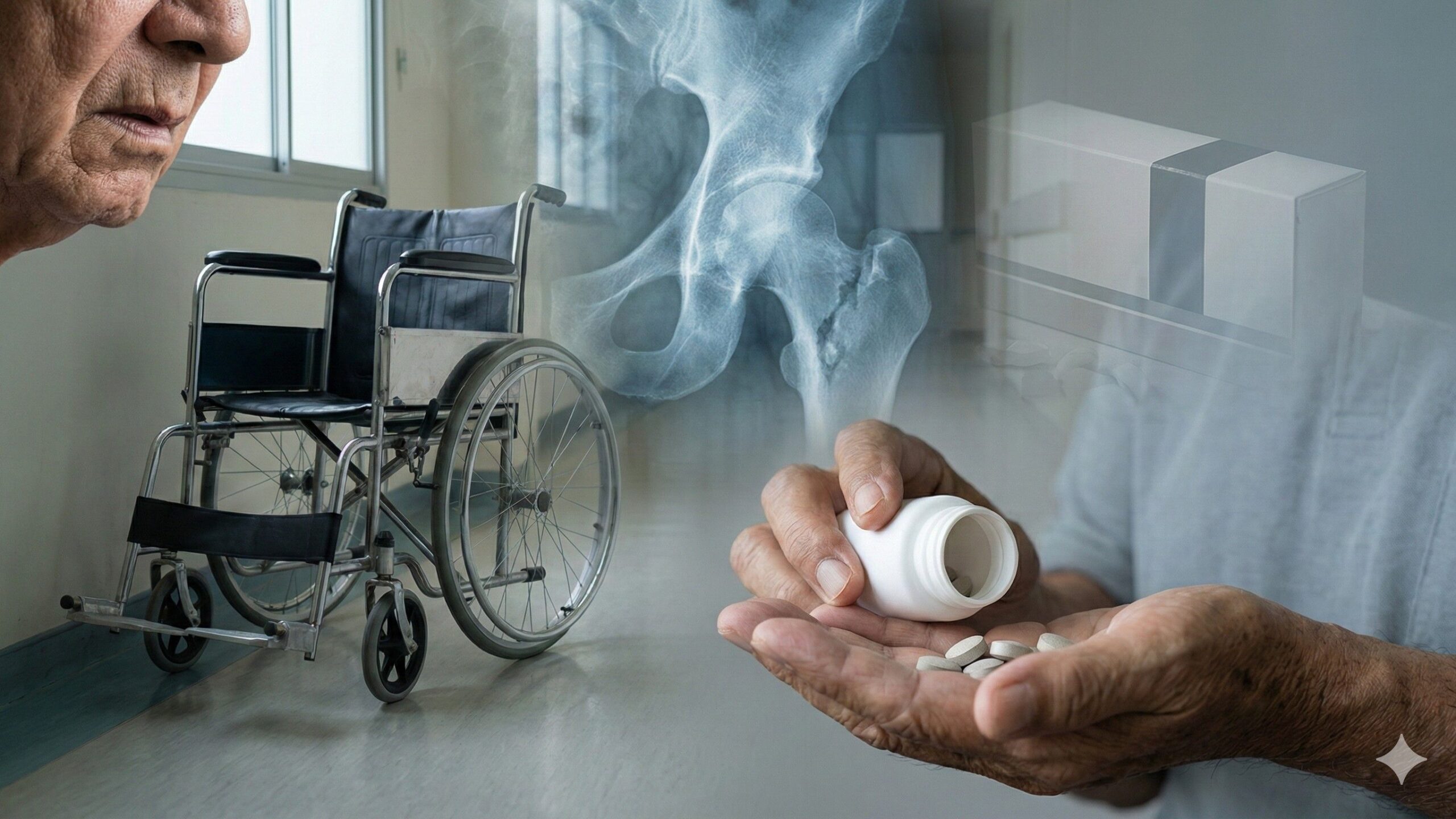 長者手中倒出藥丸，背景疊合輪椅與髖關節 X 光影像，象徵用藥選擇、骨折風險與失能後果之間的關聯。