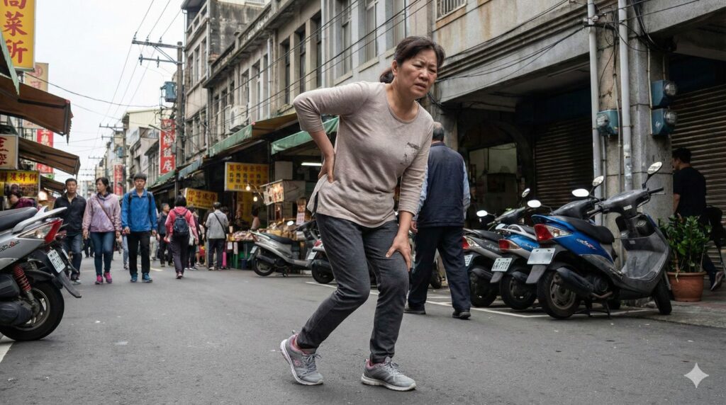 拇趾外翻患者因疼痛改變走路方式，進而影響下肢與腰背負擔。