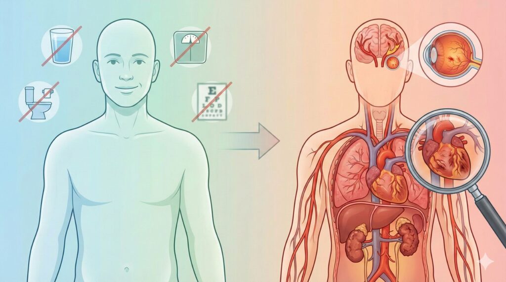 糖尿病初期缺乏明顯症狀，血糖異常可能在無感狀態下逐步影響全身器官