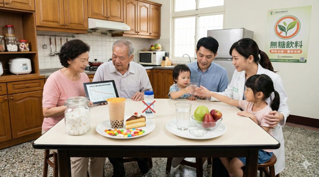 營養師在家庭餐桌上向三代同堂說明無糖飲料與高糖食品對健康的影響，桌上並列含糖飲料、甜點與白開水、水果作為對照。