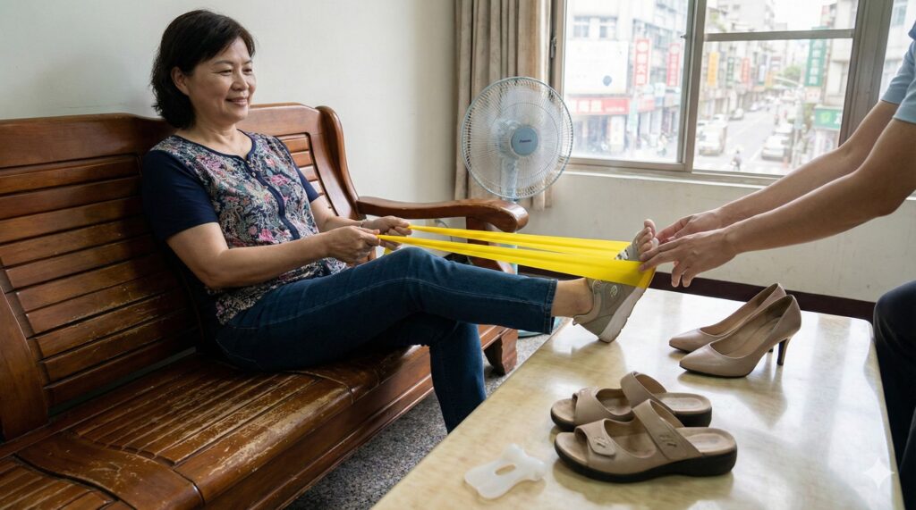 拇趾外翻患者進行足部復健運動，透過彈力帶訓練前足與腳趾活動度。